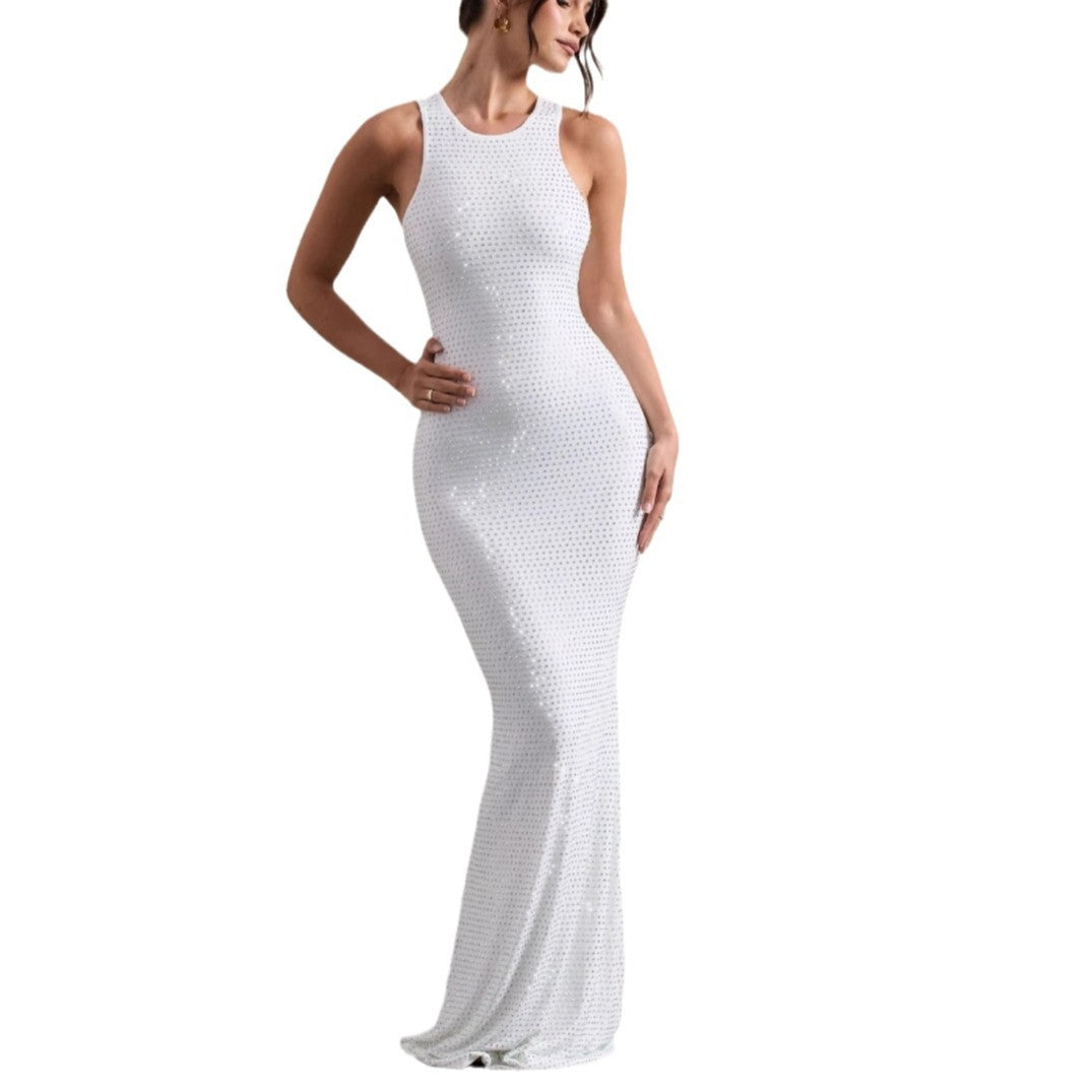 Women's custom hot diamond strap dress Spice girl hip skirt high-end light luxury floor mopping dress