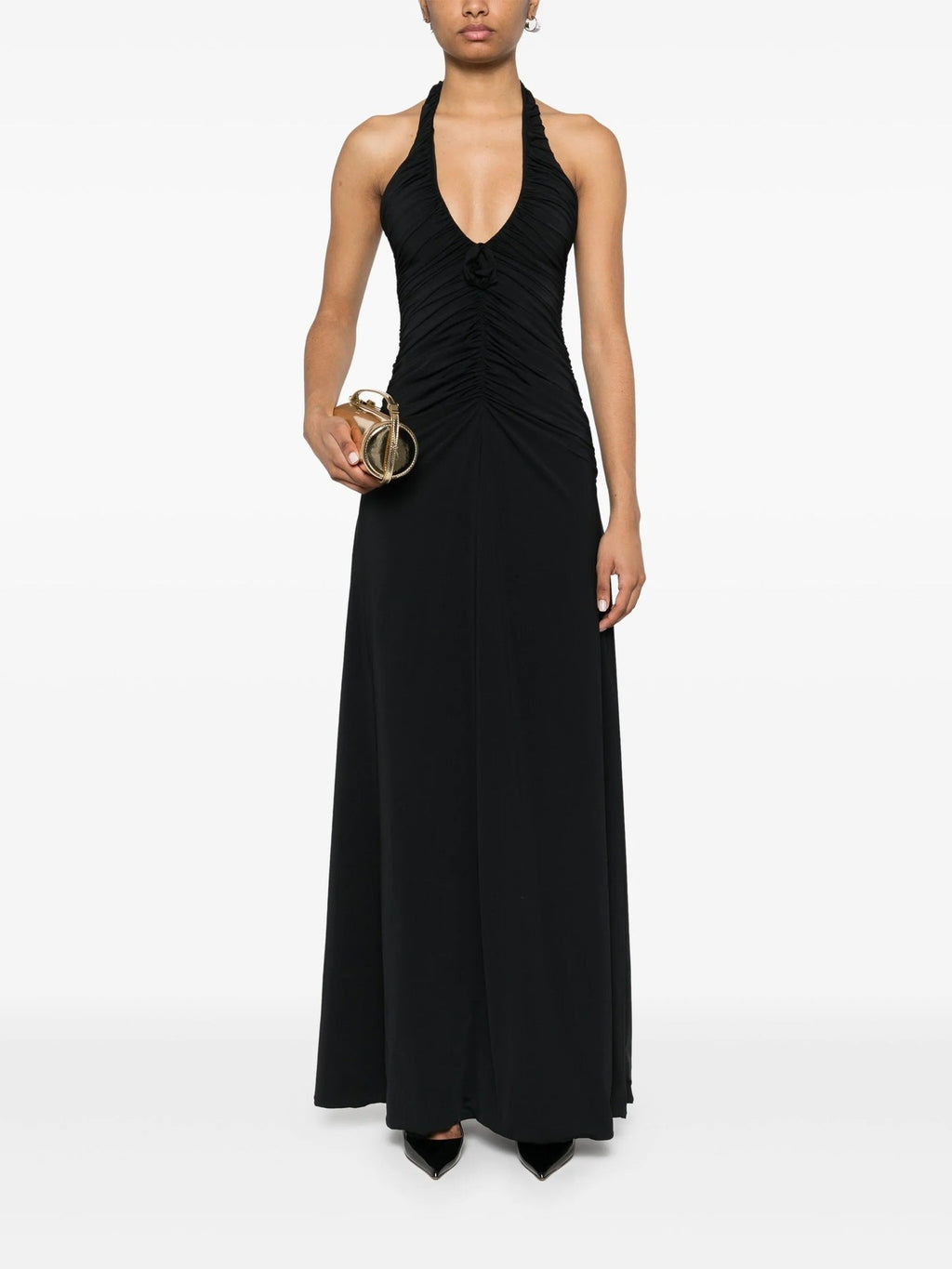 Women's new solid color elegant neck deep V waist long dress sexy backless pleated dress women