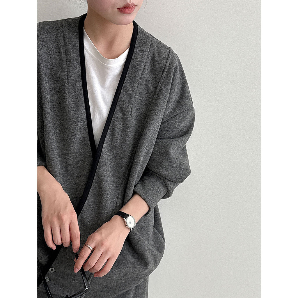 Soft waxy wool diagonal placket splicing top + high waist skirt two-piece women's autumn suit