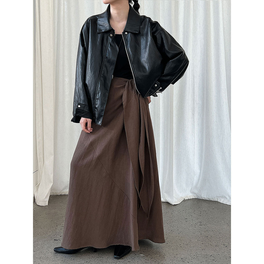 Korean style asymmetrical draped tie-waist midi skirt - new autumn design