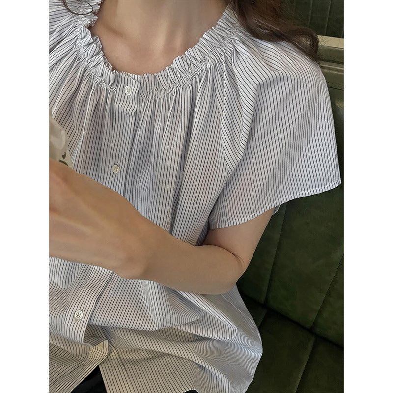 Japanese lazy fungus edge striped loose crew neck one-word neck shirt