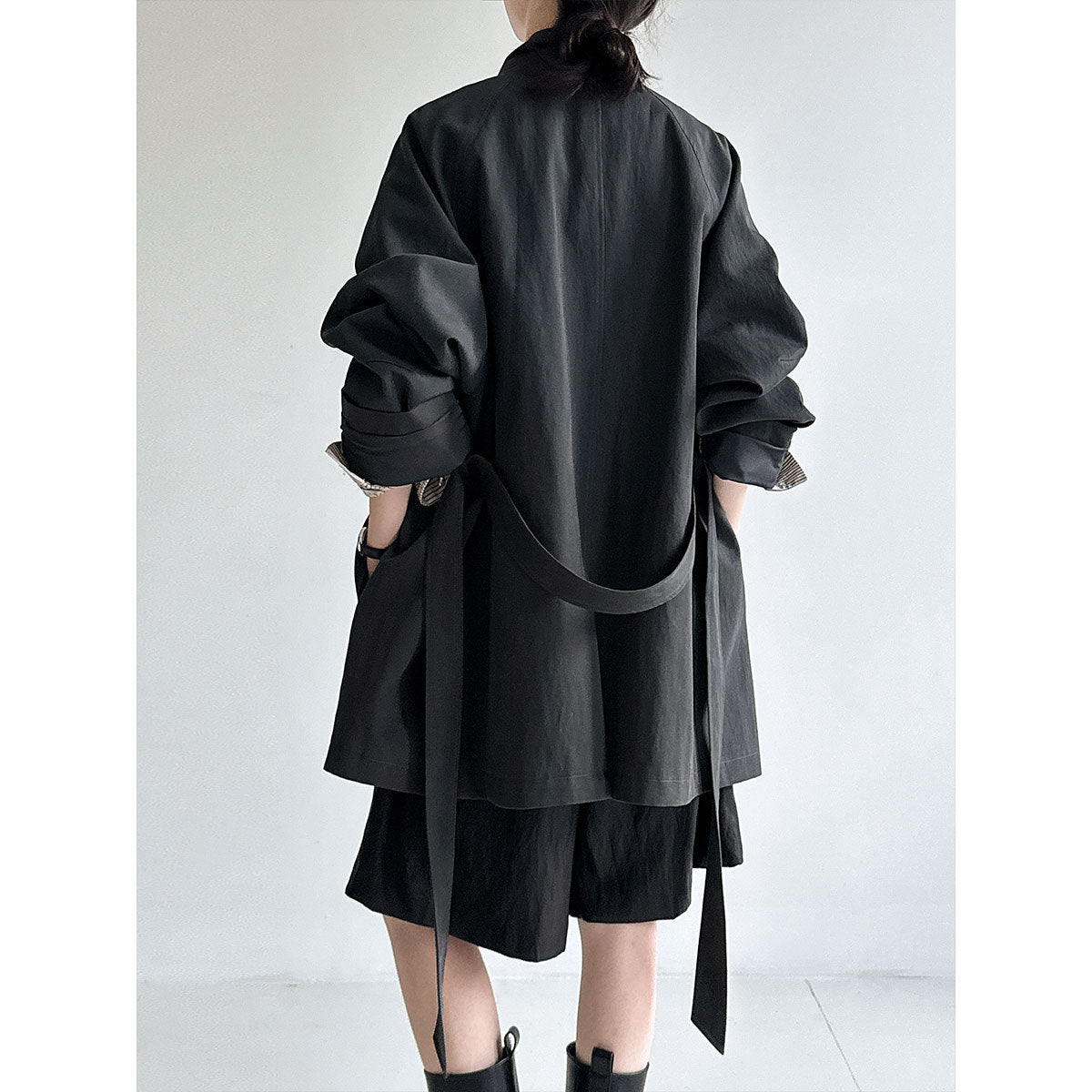 British style stand-up collar silhouette cargo jacket women's autumn new lace-up midi casual trench coat