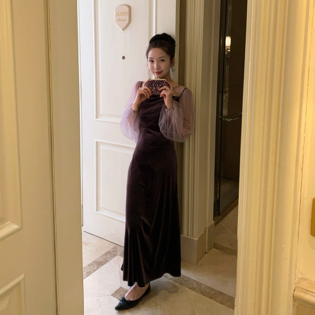 Women's Off-Shoulder High-Waist Slim Velvet Sleeveless Maxi Dress
