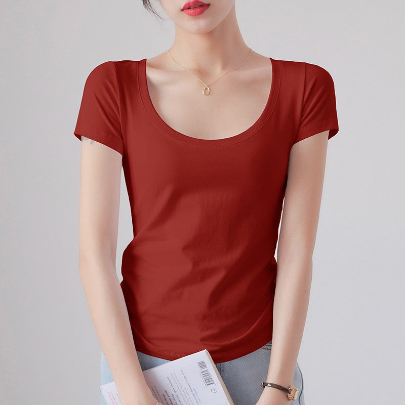 Round Neck Short Sleeve T-Shirt Women Slim Fit Cotton Base Layer Top