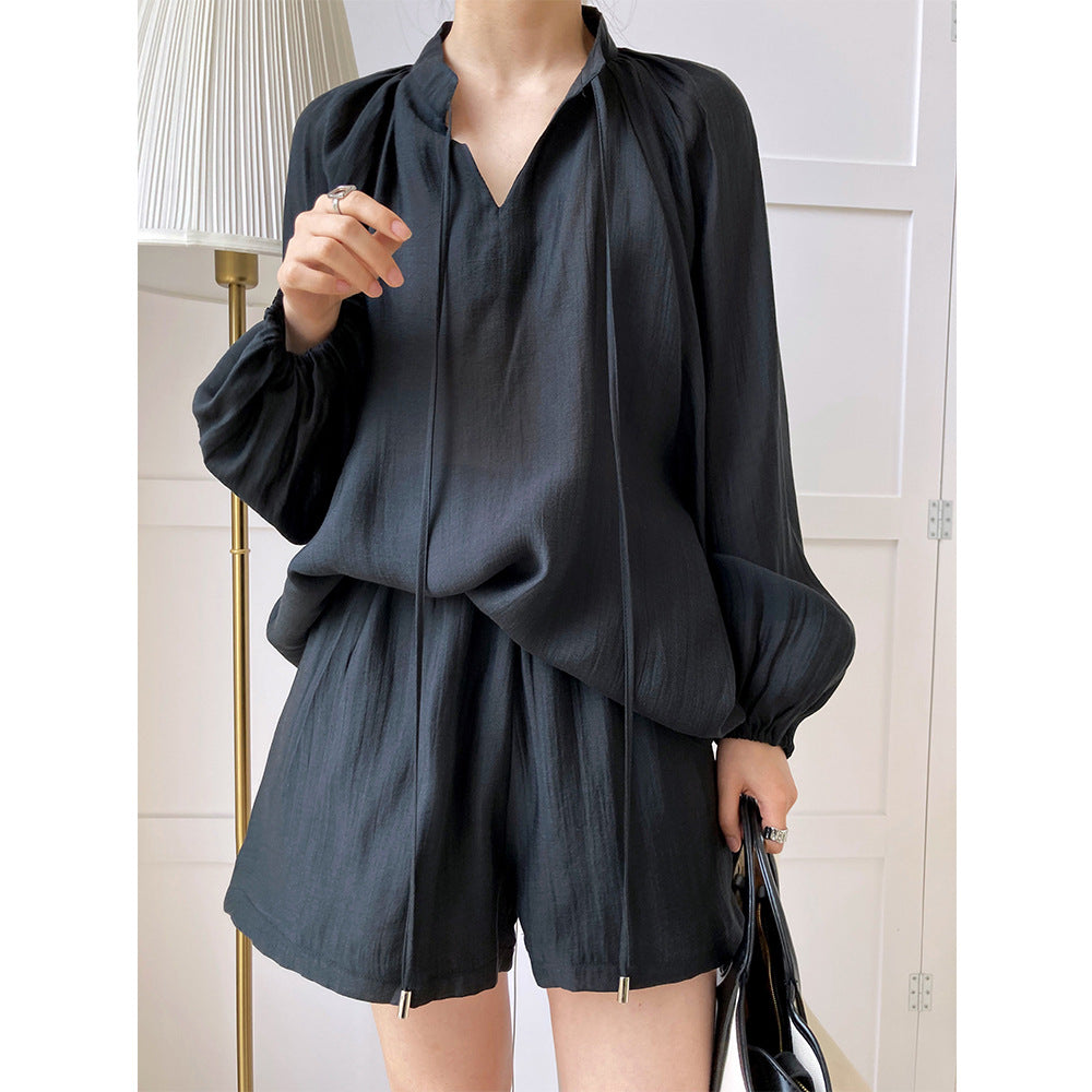 Summer fashion sports and leisure lace-up long-sleeved sunscreen + wide-leg shorts set two-piece set