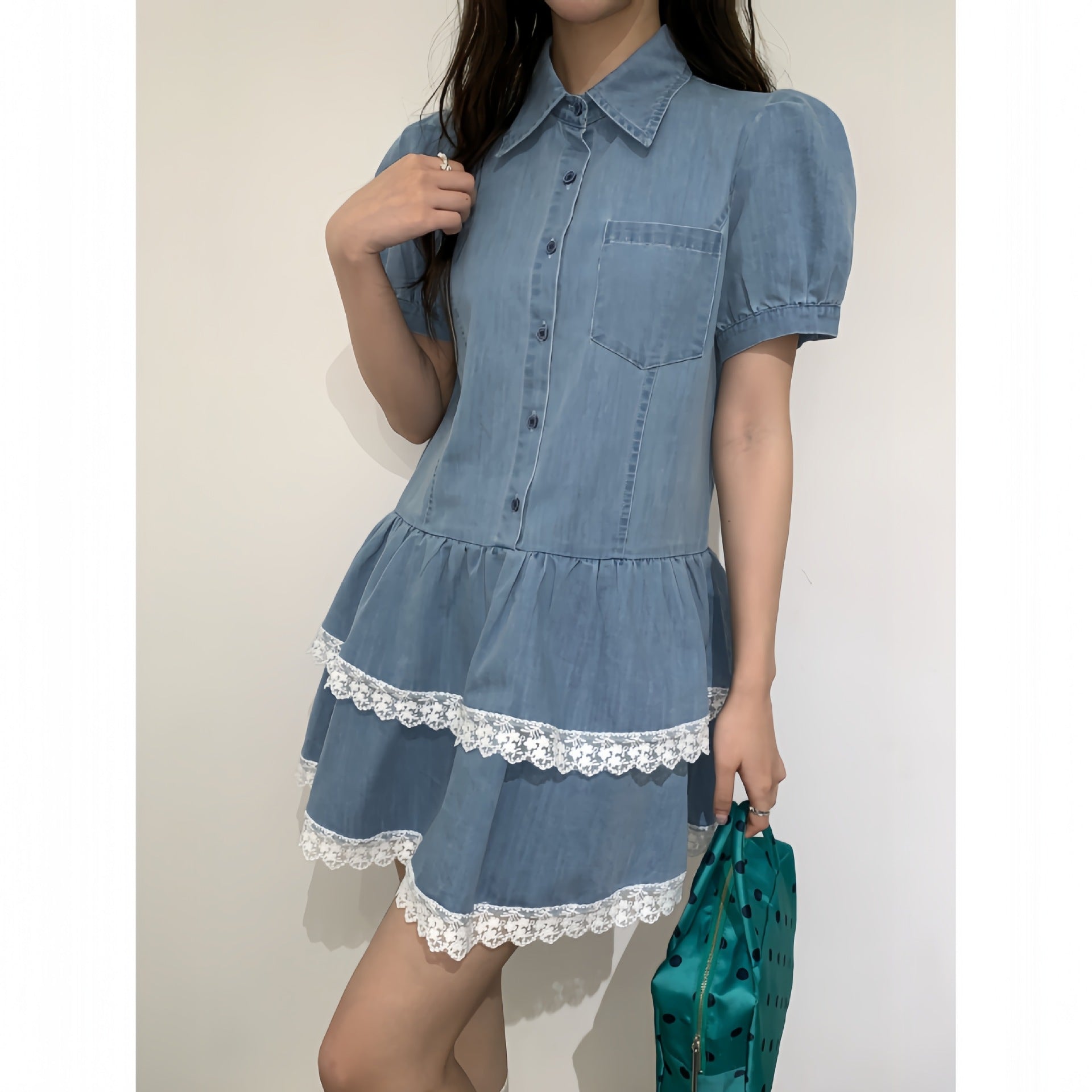 Sweet Denim Polo Collar Dress