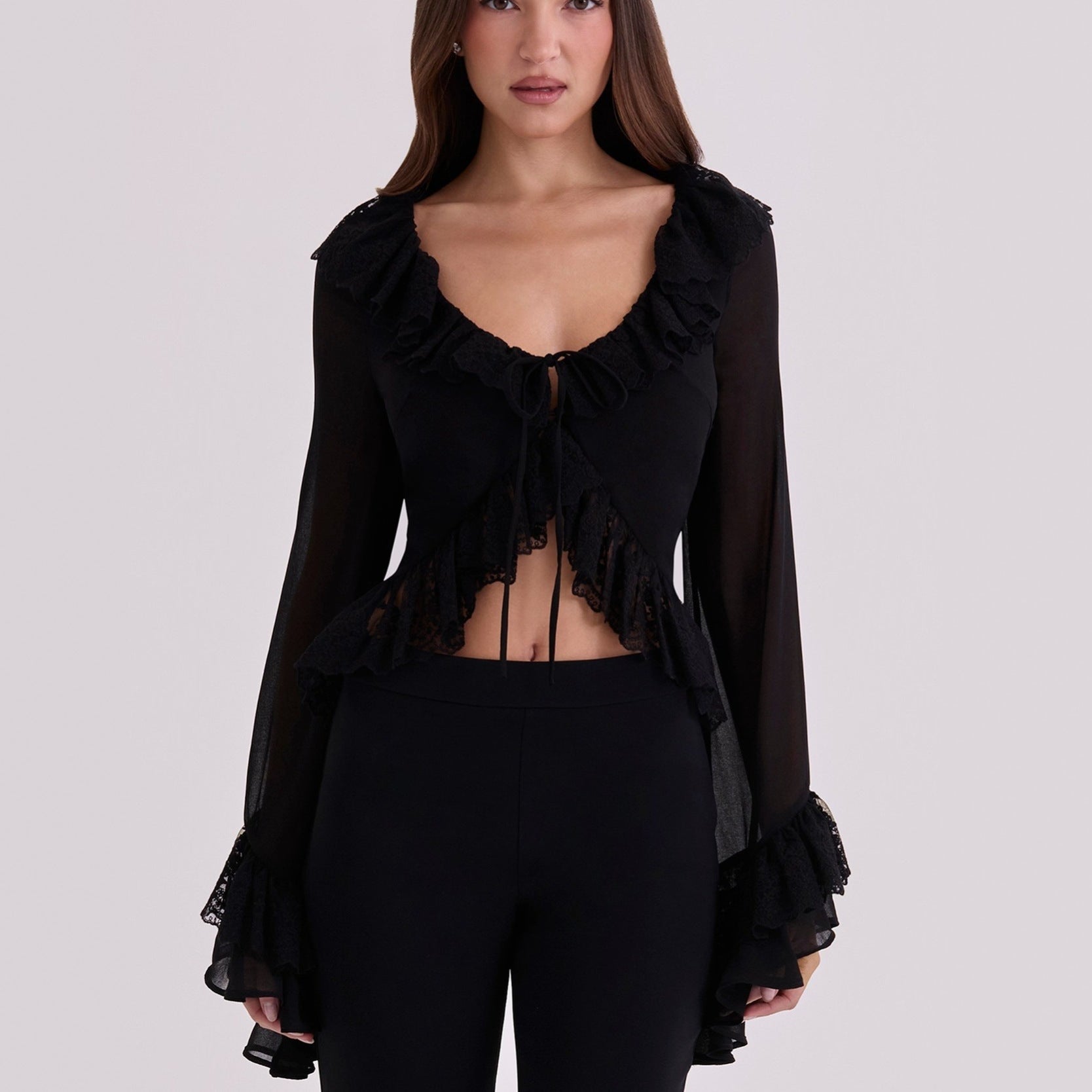 Wind fashion ruffled chiffon top slim fit with lace-up sexy see-through flared sleeve cardigan