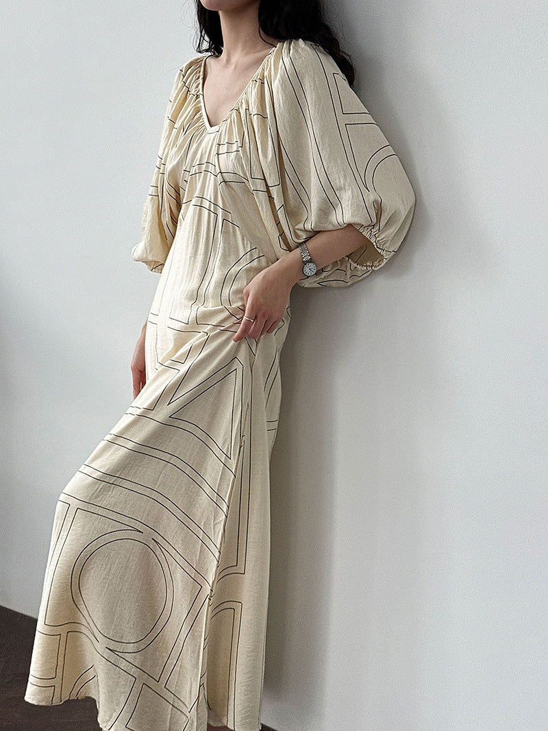 Korean puff sleeve resort style V-neck backless strap skirt summer new puff sleeve dress