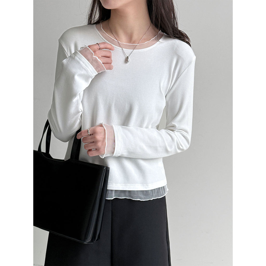 Korean fake two-piece lace-edged inner top women's early spring fungus-edged polished bottoming shirt