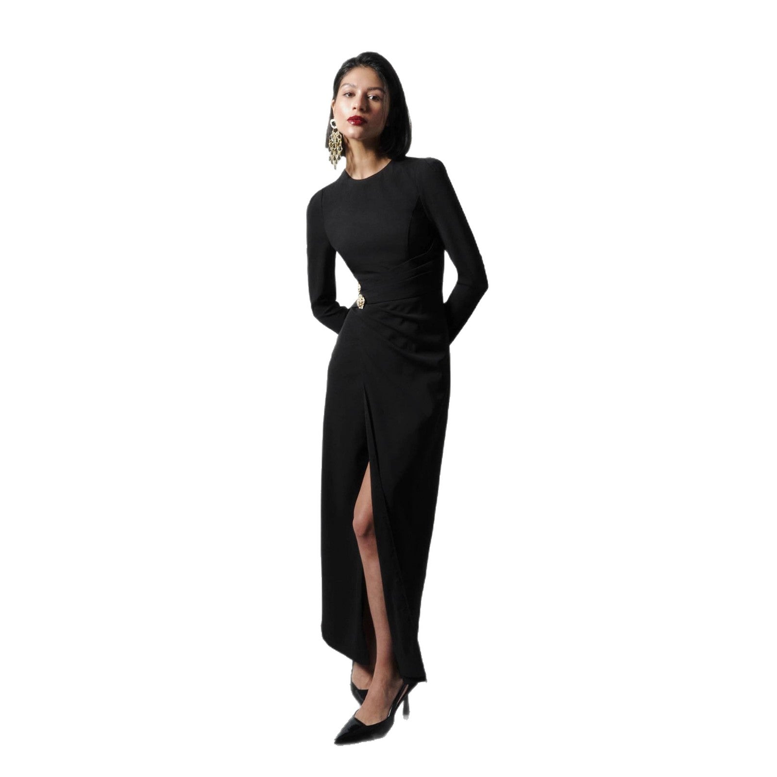 Fashion, sexy and elegant long-sleeved dress, temperament, slim-fitting waist, pleated and split autumn and winter dress