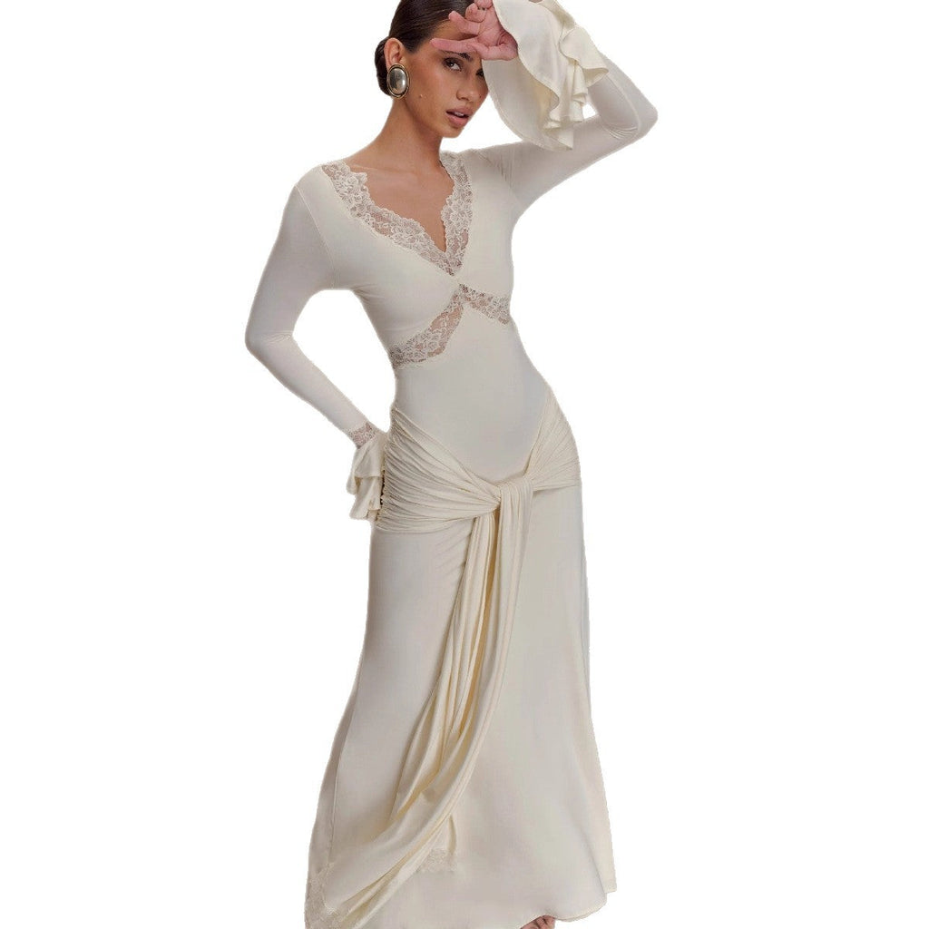 New Fashion Lace Sexy Spice Girl Long Dress Flared Sleeve Slim Splicing Dress Women