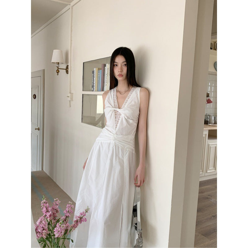 V-Neck Sleeveless Dress Women High Neck Lace A-Line Midi