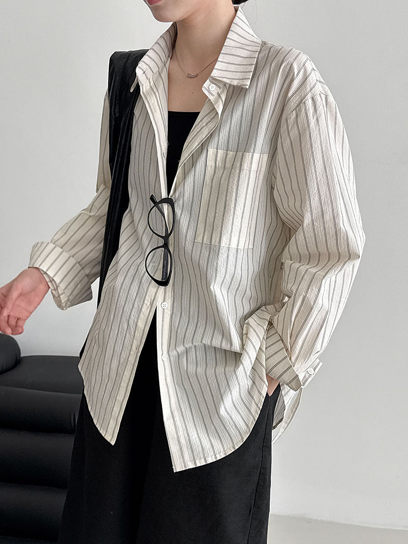 Korean commuter temperament texture striped casual shirt women's spring new retro light ripe top