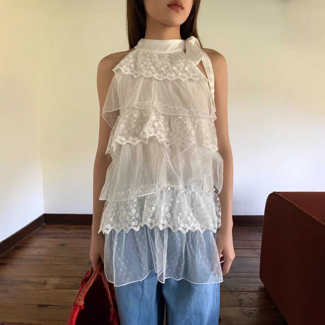 Ribbon bow multi-layer spliced sleeveless lace top