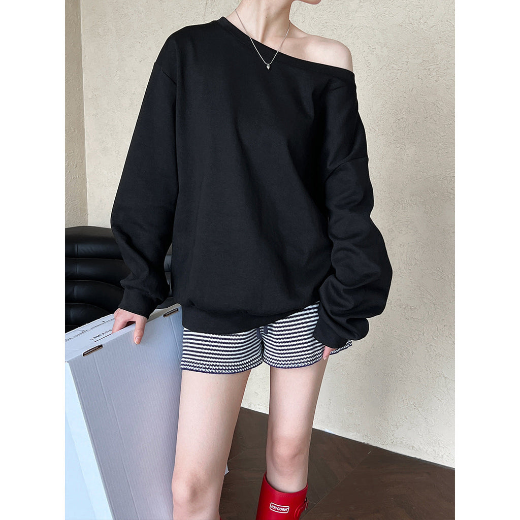 Slack slanted shoulder sweater women's autumn new loose lazy style one-word collar off-the-shoulder top