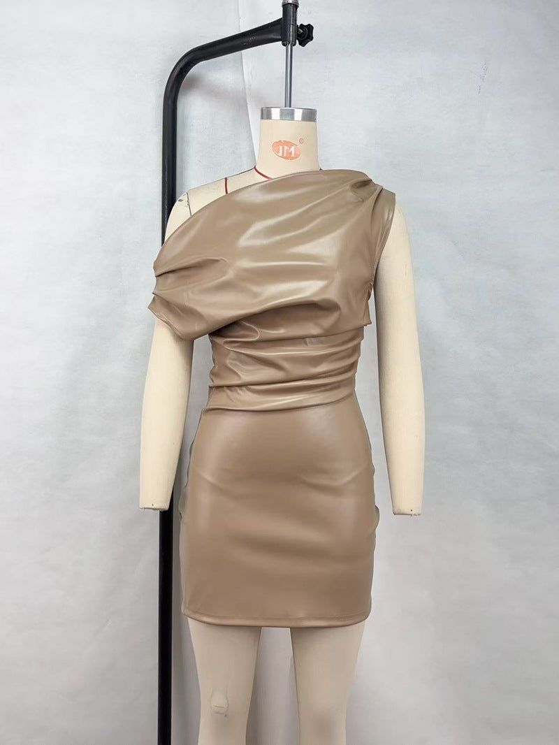One-Shoulder PU Leather Mini Dress