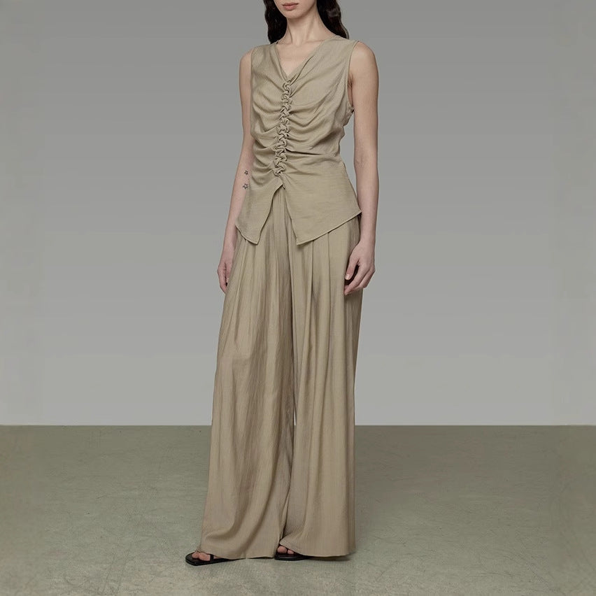 Three-dimensional pleated wide-leg pants women's summer new loose and thin pendant casual long pants