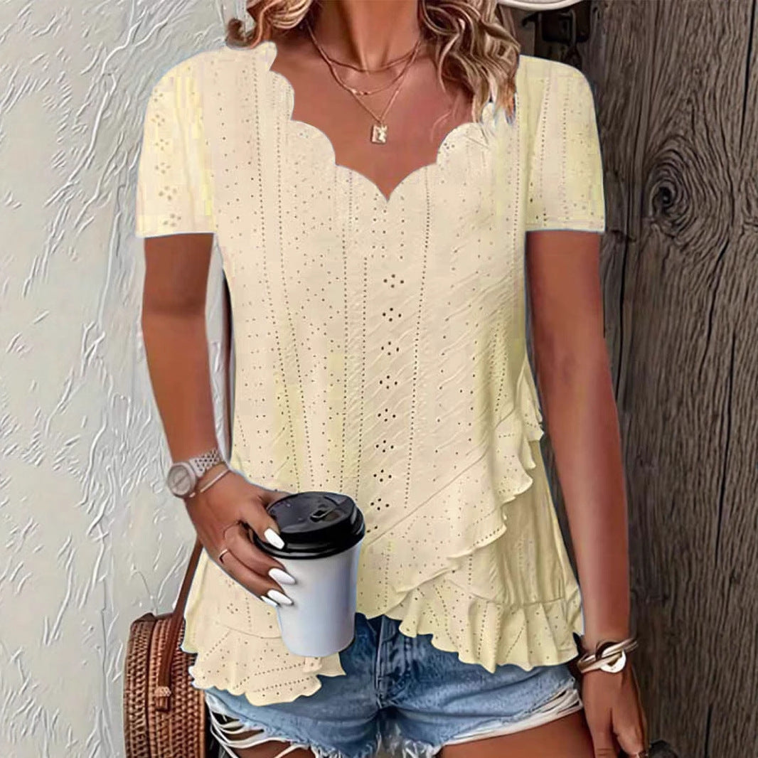 V-Neck Short Sleeve T-Shirt Women Oversized Hooded Scallop Hem Top