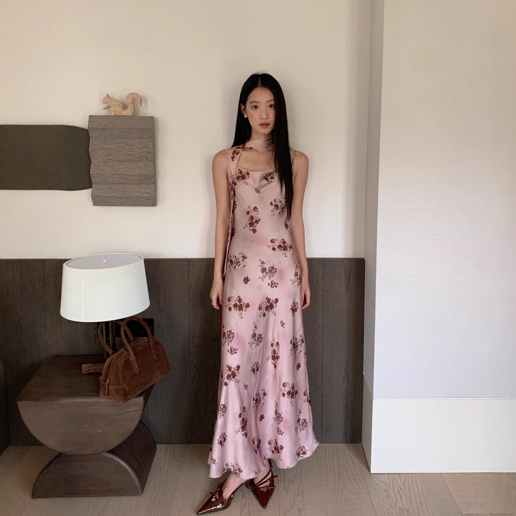 Slimming satin print slip dress