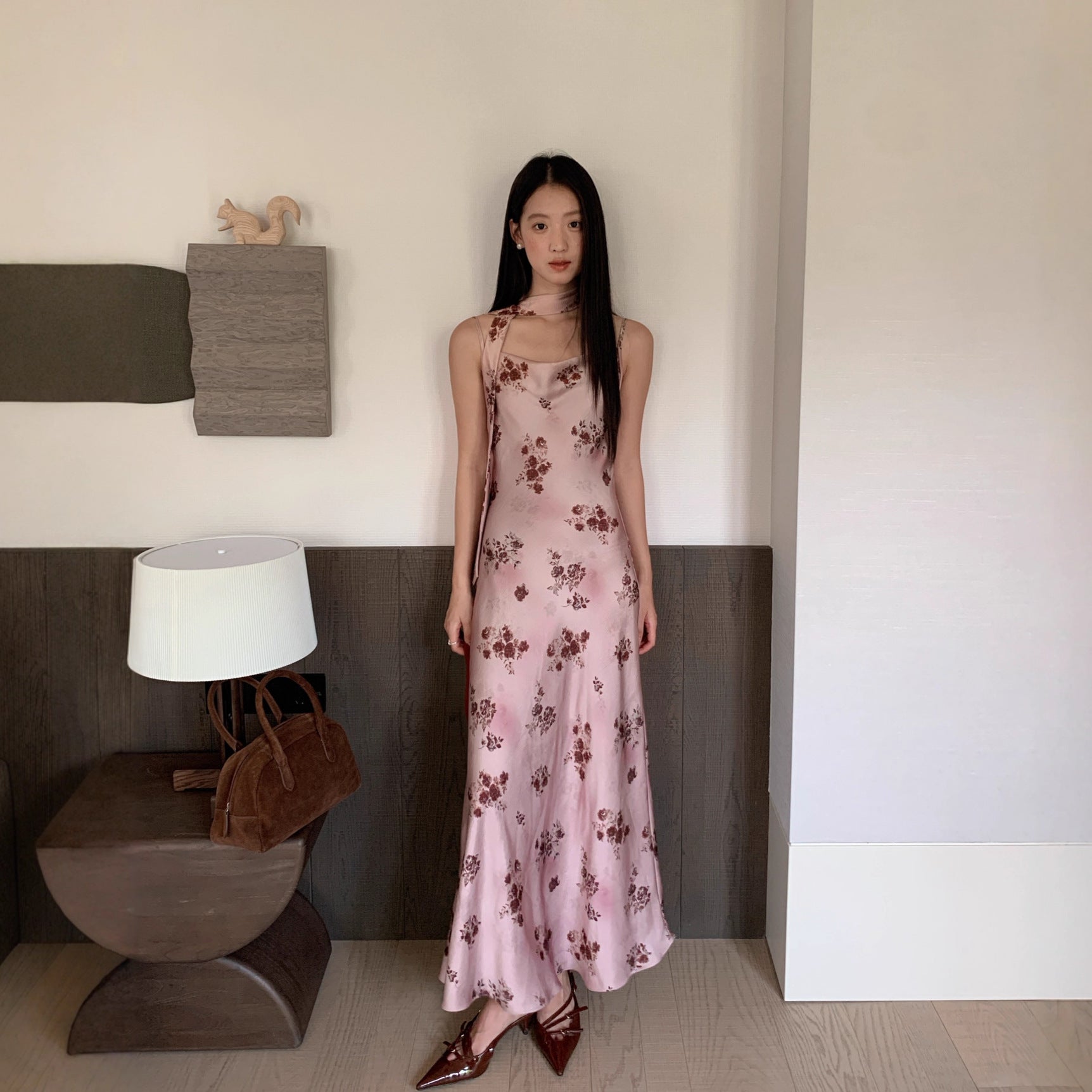 Slimming satin print slip dress