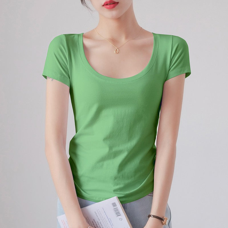 Round Neck Short Sleeve T-Shirt Women Slim Fit Cotton Base Layer Top