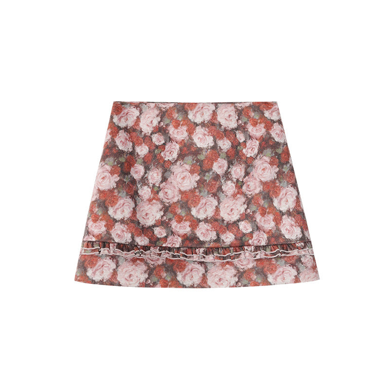 Romantic and sweet girly rose print A-line skirt