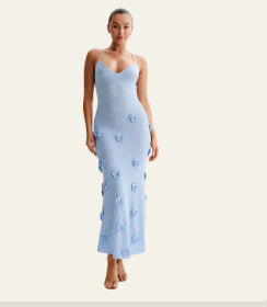 New suspender skirt sexy dress, three-dimensional flower knitted halter strap hip-wrapped dress