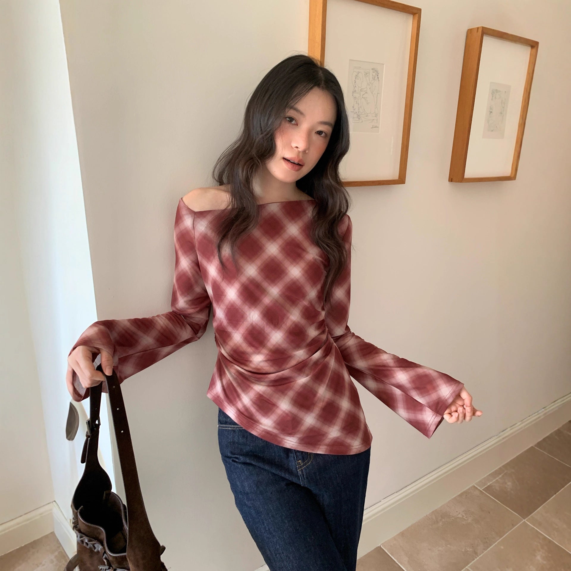 Autumn French Retro Plaid Irregular Slant Neck Off-Shoulder Long Sleeve Bottom Shirt
