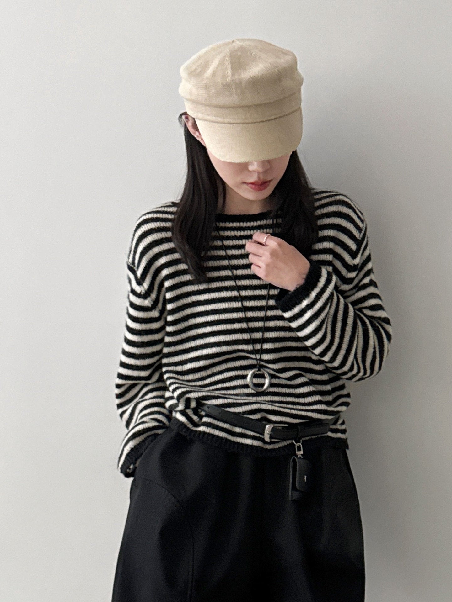 Casual wool retro striped lazy soft waxy knitted sweater women's spring new long-sleeved top