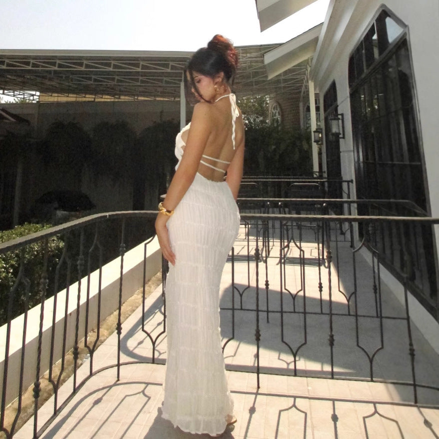 Sexy pleated lace floor-length resort style dress