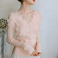 Pink feather cotton-blend knitted sweater bottoming shirt women's long-sleeved top