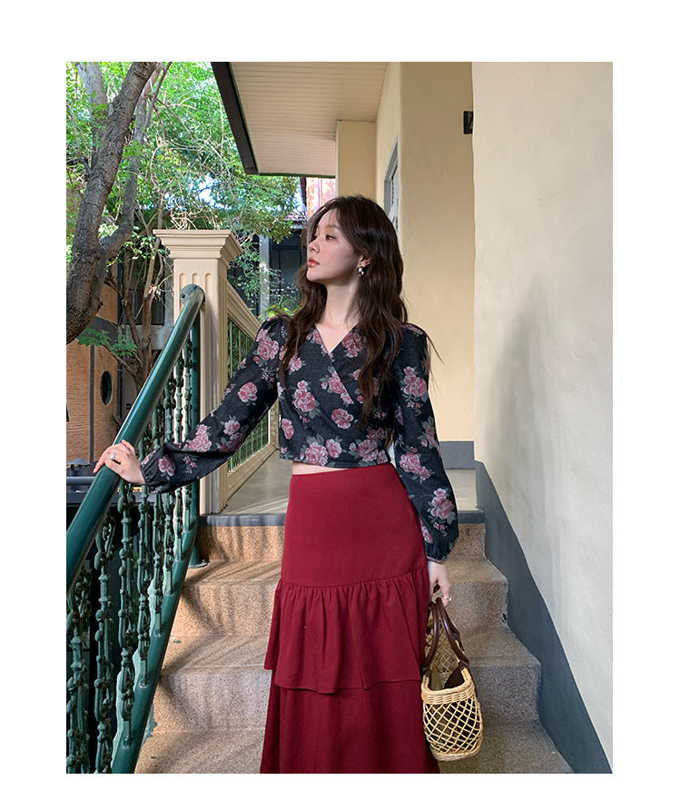 Lace design umbrella skirt high waist a-shaped skirt