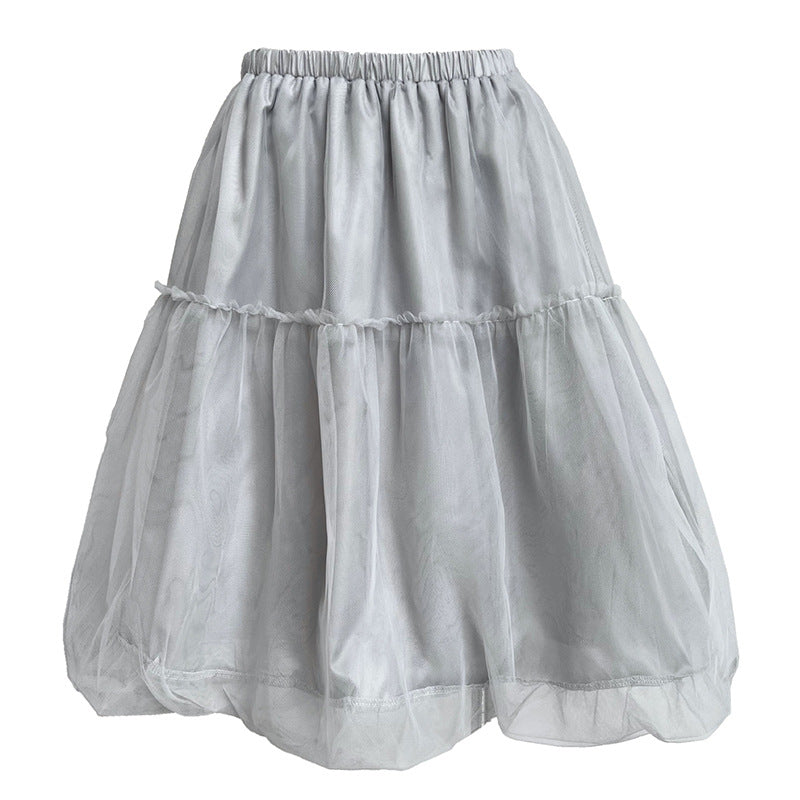 Tulle Mesh Skirt Women Korean Style A-Line Elastic Waist Mid-Length