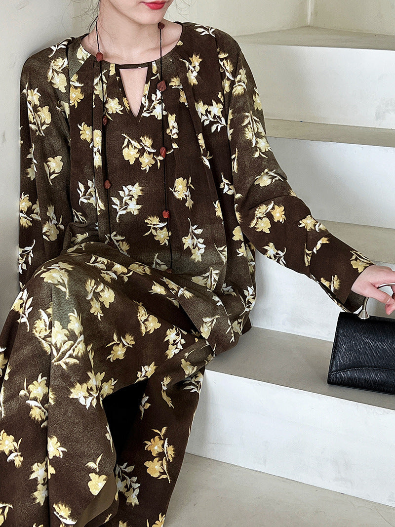 French high-end long-sleeved floral shirt + A-shaped split skirt two-piece set of relaxation suit for women