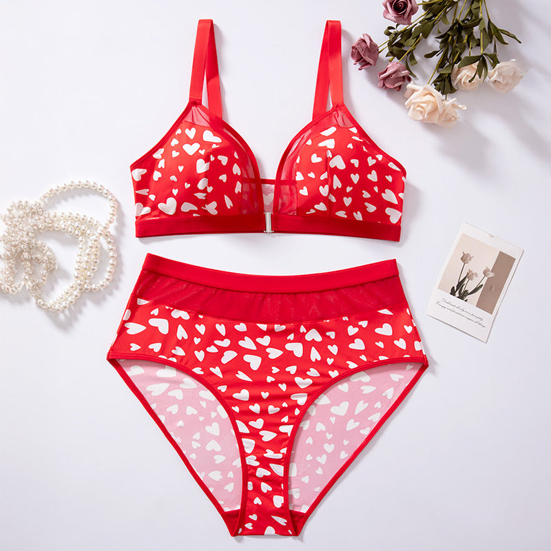 Sexy love large size underwear set women's steel-free comfortable printing mesh stitching large breast underwear