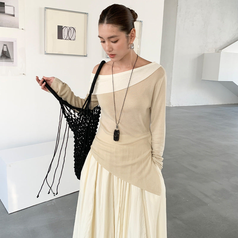 Design contrasting slanted shoulder knitted sweater spring irregular lyocell slim top