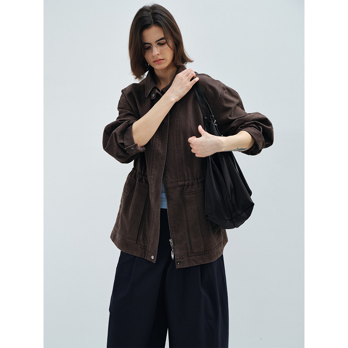 Spring skin-friendly and breathable Tencel cotton stand-up collar over-silho cargo jacket