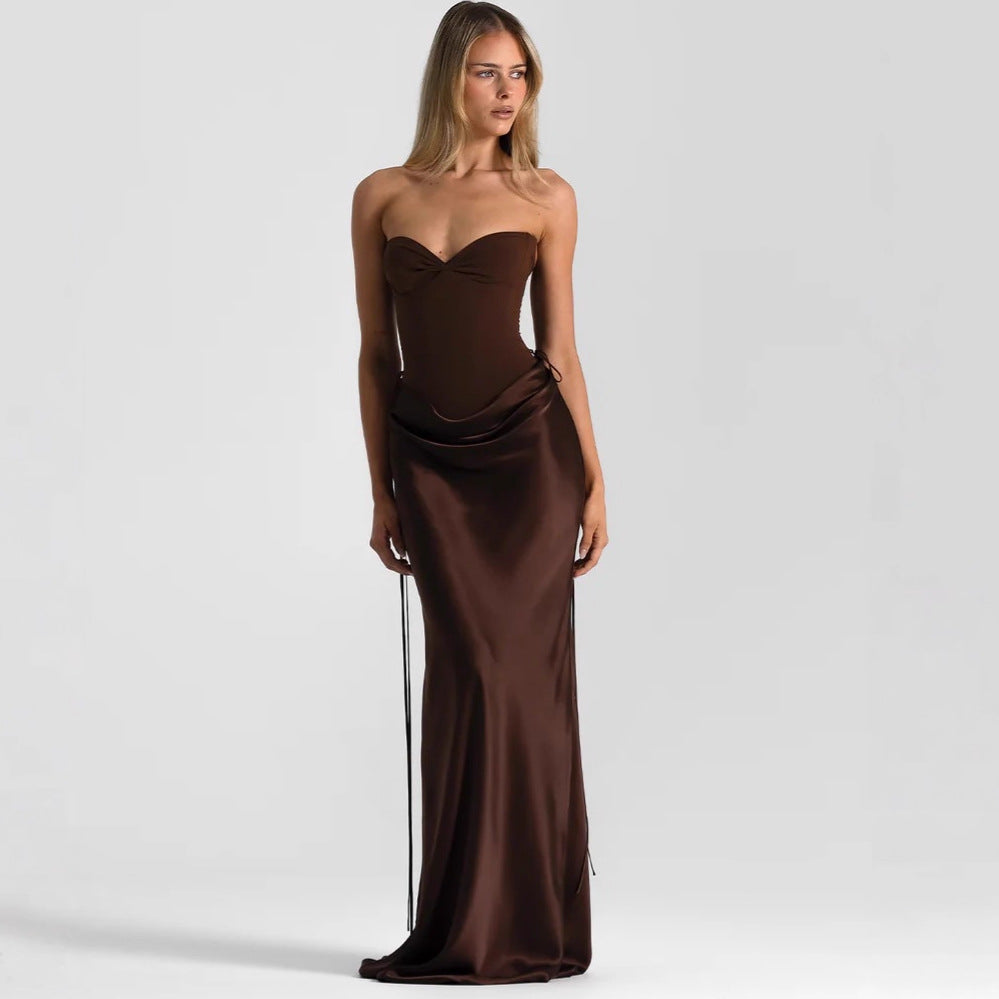 Sexy stitching satin tube top long dress waist halter lace-up dress evening dress