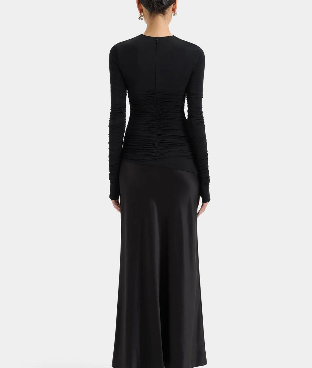 Women's new fashion pleated long-sleeved splicing dress sexy vacation style split skirt women