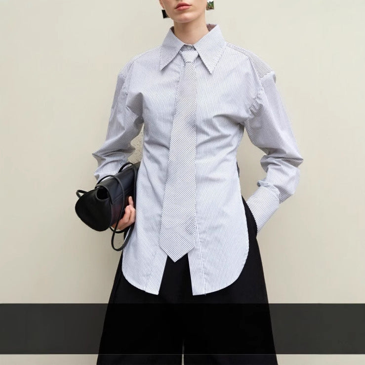Simple striped shirt women can wear new design sense tie side slit top cross-border South East Asia