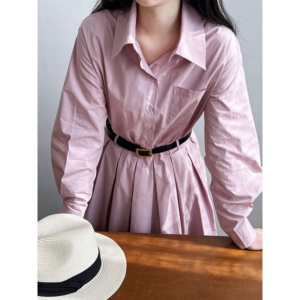 French Polo collar shirt dress women's spring new temperament high sense waist thin dress