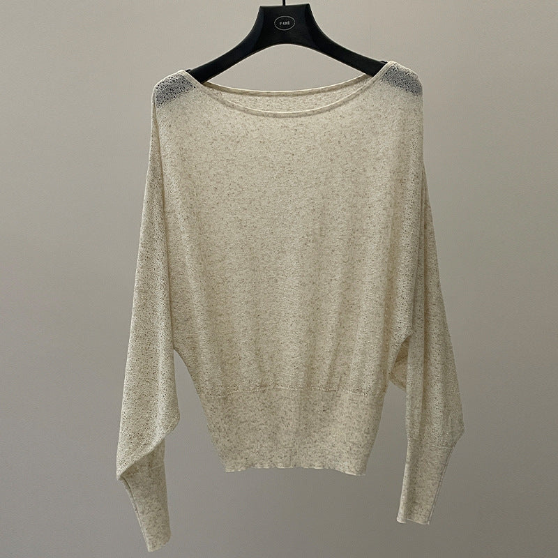 Spring and summer skin care thin one-word neck loose long-sleeved knitted blouse