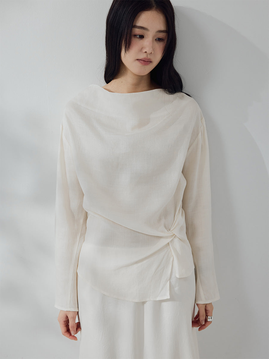 Swinging collar asymmetrical pleated lazy Tencel hemp shirt