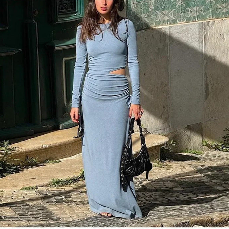 Crew neck long sleeve hip skirt hollow sexy waist pleated design dress style