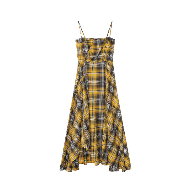 Spice Girl Dark Gold Checkered Irregular Suspender Dress