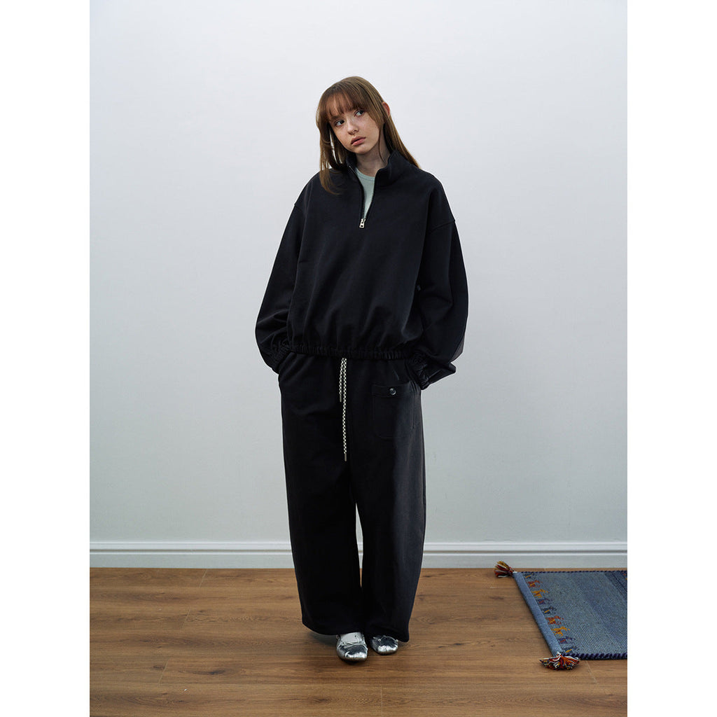 Spring new casual pure cotton stand-up collar easy versatile curved sleeve half zipper sweater
