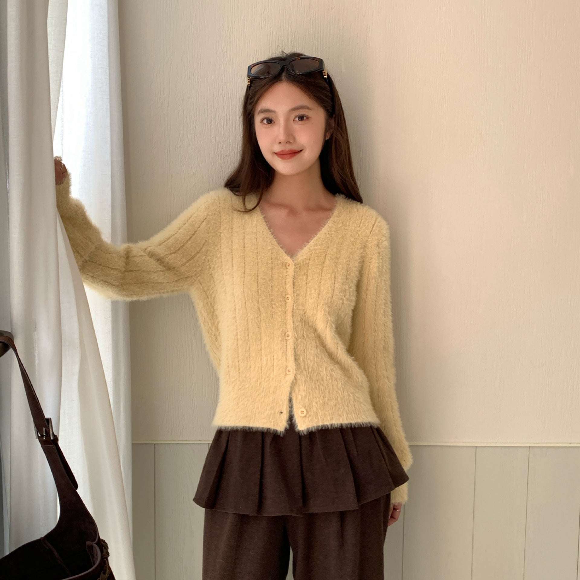 Gentle and sweet v-neck versatile long-sleeved knitted cardigan