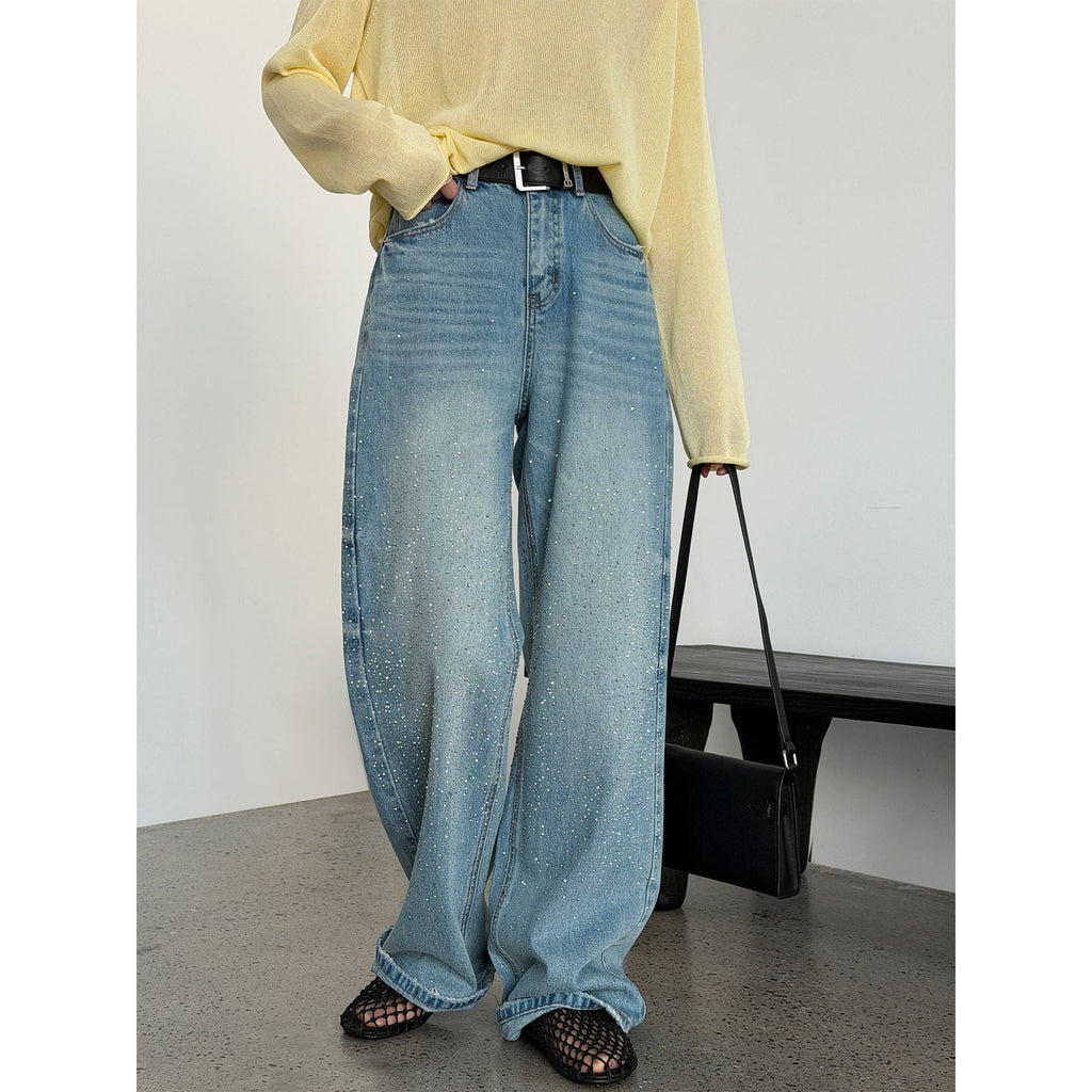 American retro gypsy hot diamond casual versatile wide-leg jeans spring new high-waisted trousers