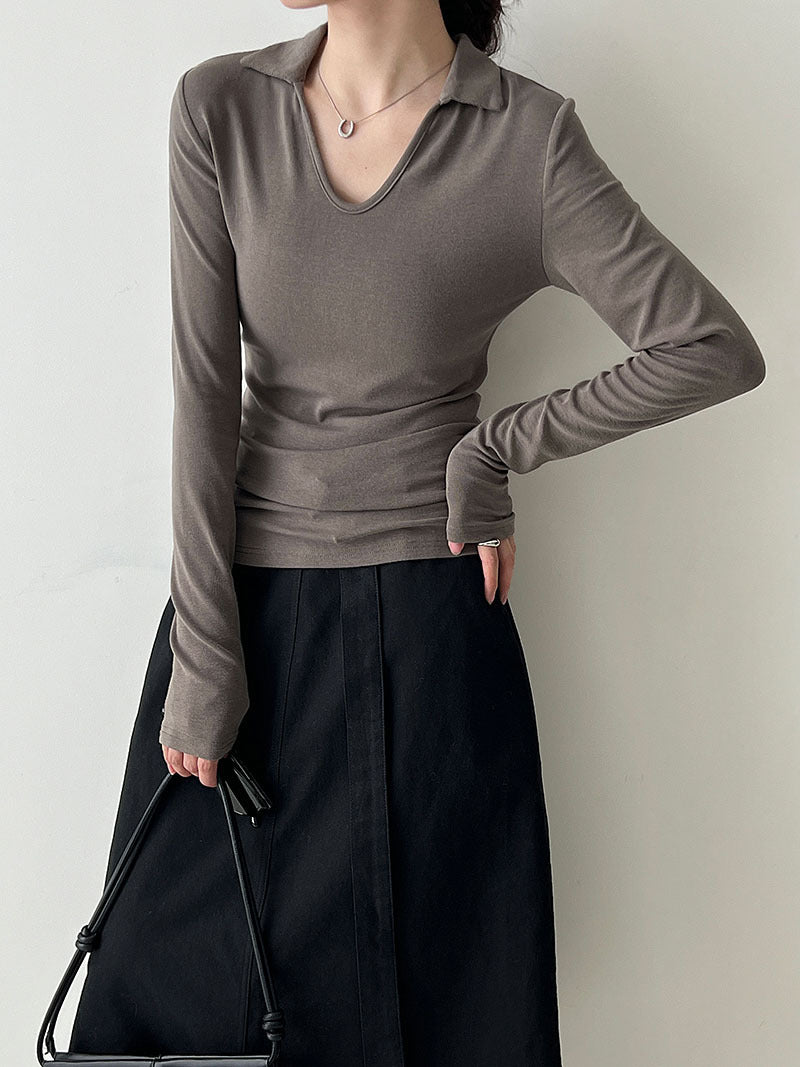 Simple design slim-fitting v-neck high-end sense thin bottoming shirt women's autumn new small lapel top