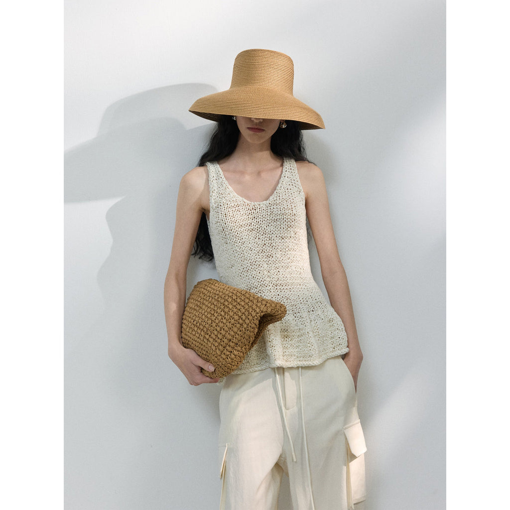 Spring nylon cotton lotus leaf edge narrow U neck texture sling vest